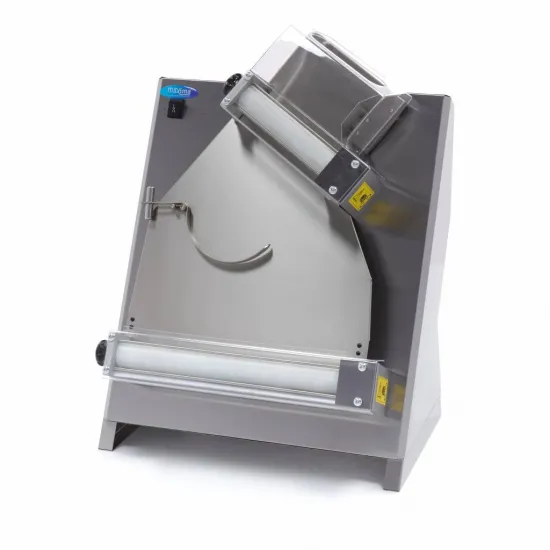 Double dough sheeter with foot pedal, 40cm thickness adjustment, two speeds.
